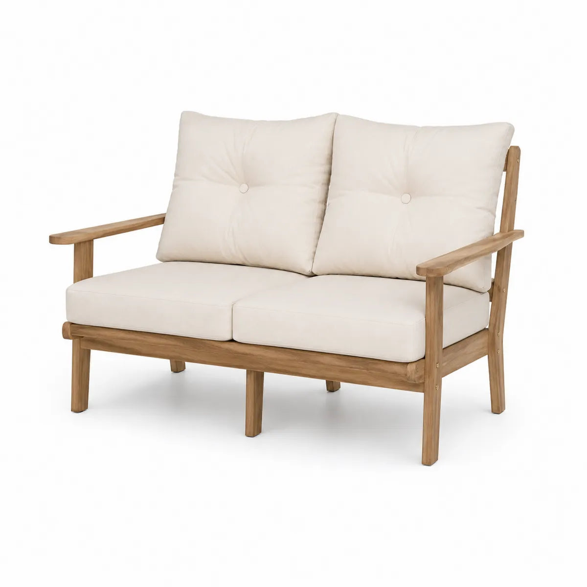 Dwuosobowa sofa z drewna teak z beżowymi poduszkami 120x75x85 cm