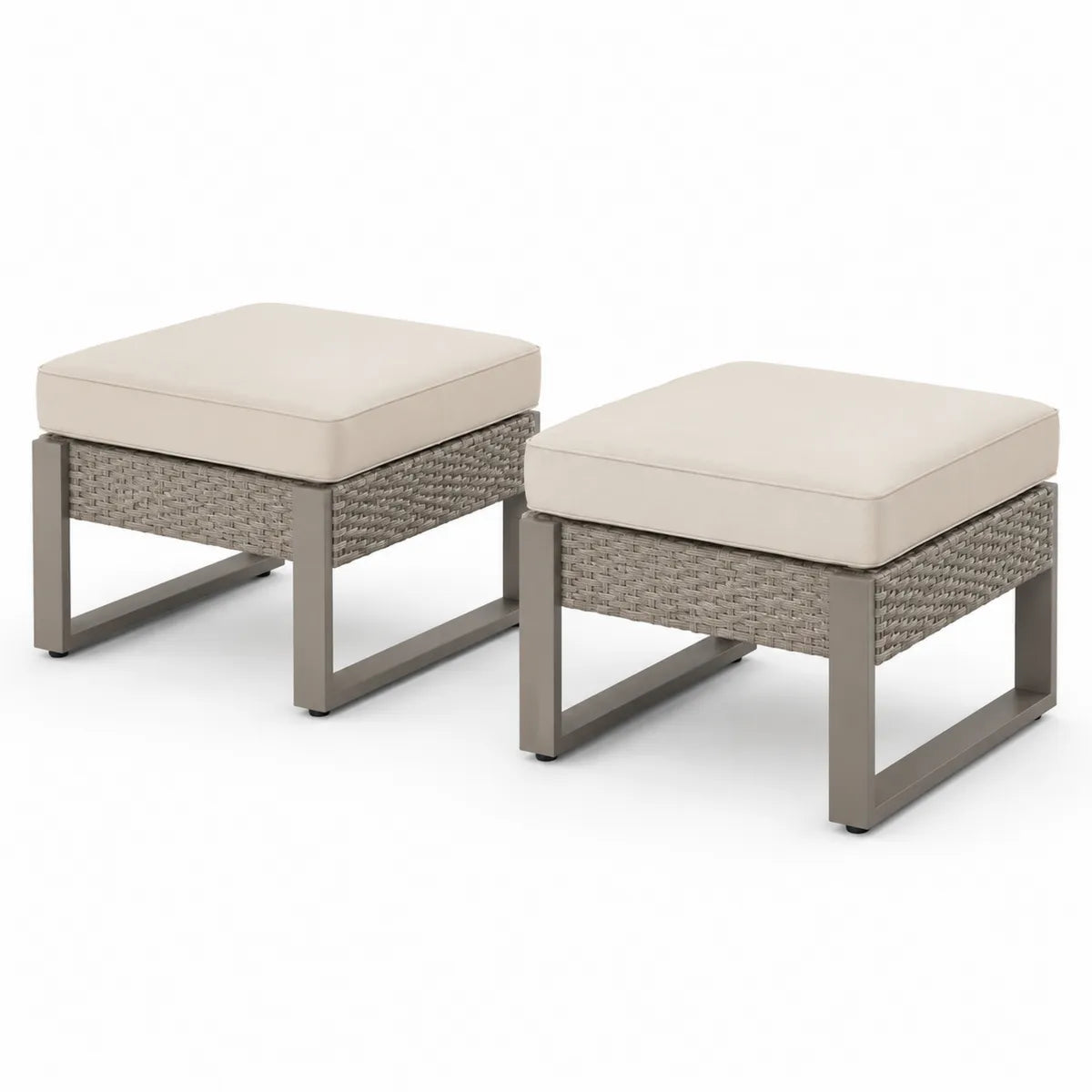 Zestaw 2 pufy ogrodowe kremowe stalowe z rattanem 50x50x33 cm