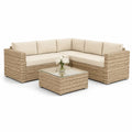 Zestaw ogrodowy z technorattanu z beżowymi poduszkami i stołem szklanym