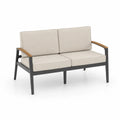 Dwuosobowa sofa ogrodowa aluminiowa z drewnianymi podłokietnikami, beżowa