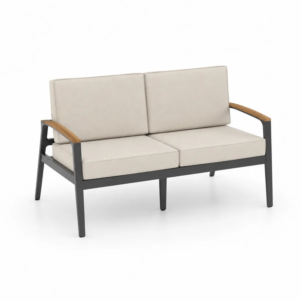 Dwuosobowa sofa ogrodowa aluminiowa z drewnianymi podłokietnikami, beżowa