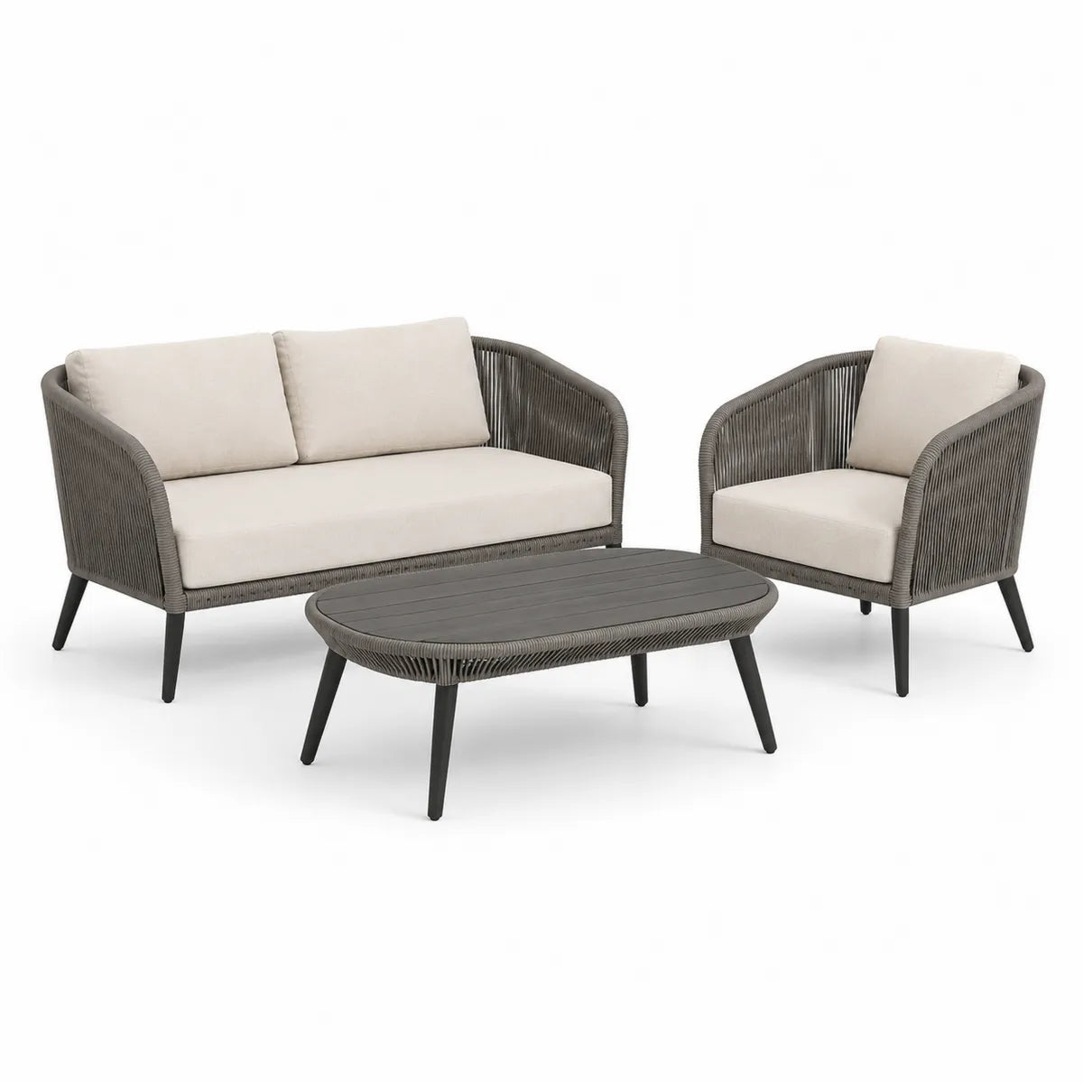 Zestaw mebli ogrodowych z aluminium i sznurka, kolor szary i beżowy, sofa 2-osobowa, fotel, stół, 120x60x42 cm