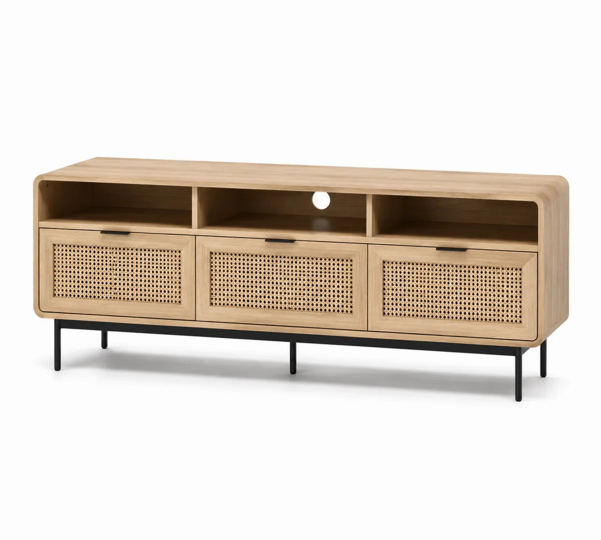 Szafka RTV z drewna dębowego, rattanu i metalu, 150 cm