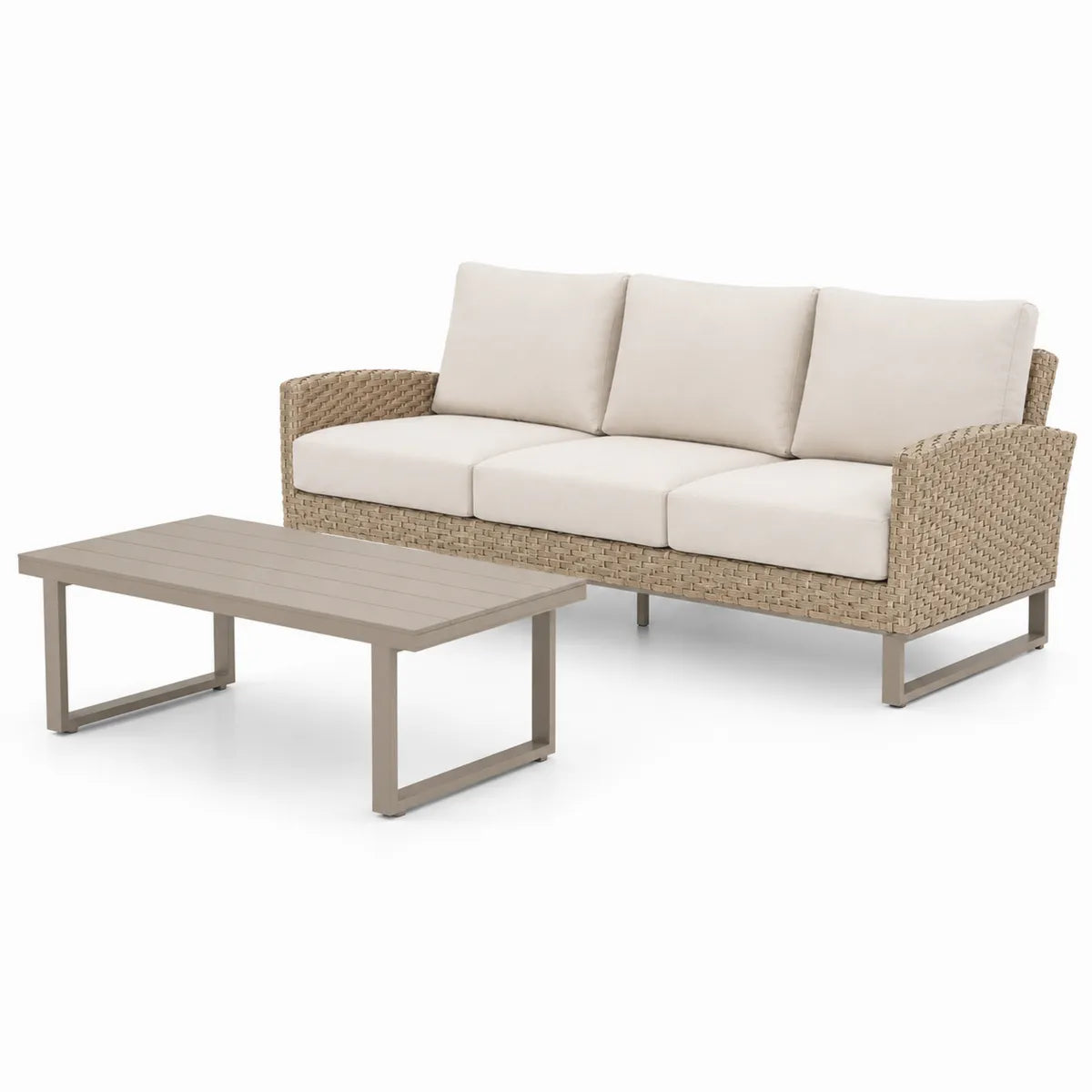 Zestaw mebli ogrodowych: sofa 3-osobowa z technorattanu i stół kawowy z blatem aluminiowym