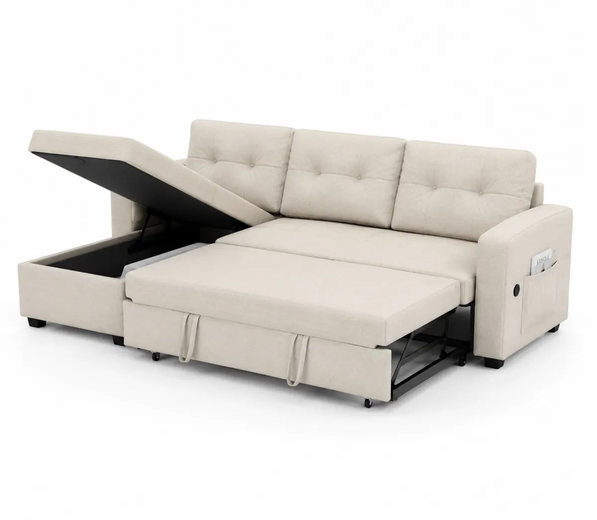 Sofa rozkładana z materiału poliestrowego 200x140 cm z pojemnikiem - beżowa
