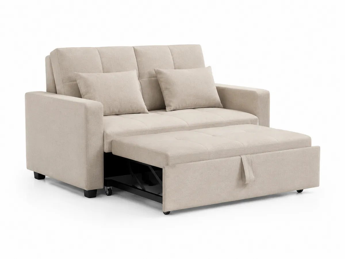 Beżowa sofa rozkładana z pojemnikiem na pościel