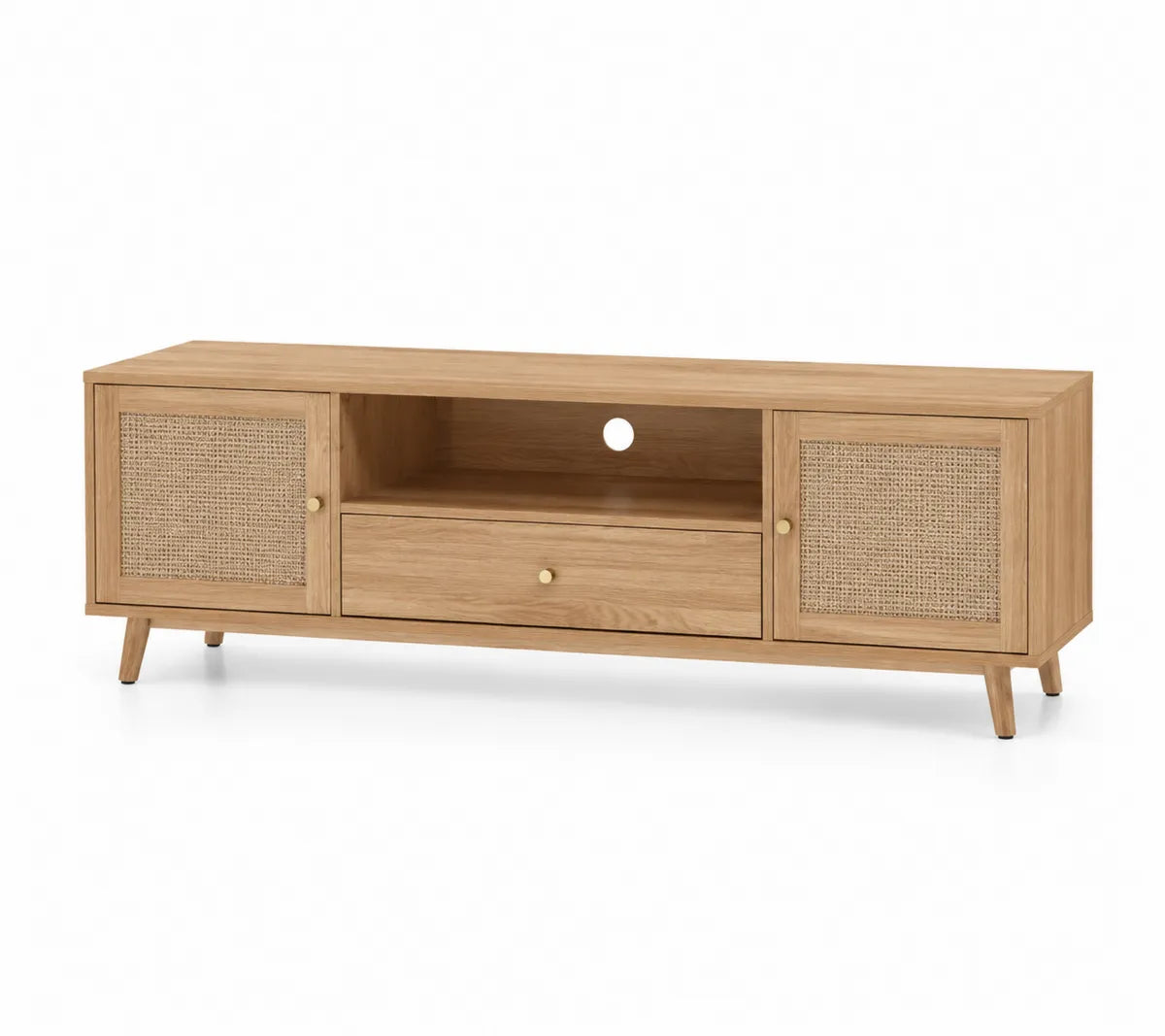 Szafka RTV z drewna dębowego i panelami rattanowymi 140x40x50 cm