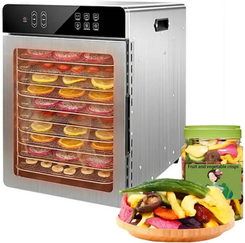 GHKWXUE suszarka do żywności, Przygotowanie: Viande, licznik czasowy, 800 W ze stali nierdzewnej, dehydrater, 10 tac, zakres temperatur 86 ° F- 194 ° F, przyprawy