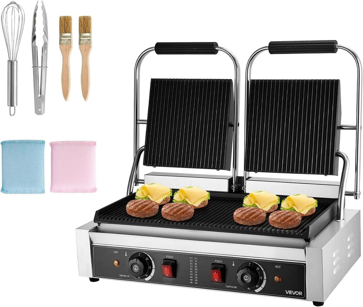 VEVOR grill elektryczny, Press, panini grill i croque- monsieur, 48.5x23 cm, 3600 W, 2 strefy temperatur, stal nierdzewna, dla Hamburgera