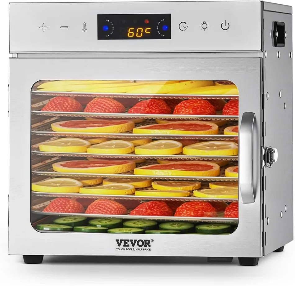 Wentylator, 400 W, 20 cm, 11,02 x 7,87, regulacja ustawień, VEVOR Suszarka do żywności 8 tacek ze stali nierdzewnej, smakołyki dla psów