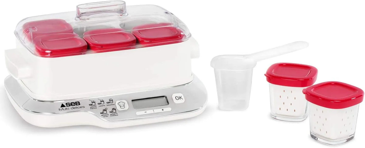 SEB, YG660100 BPA- Free, Compact, do jogurtu domowego, Yaourtière 6 garnki, Doniczki szklane 140 ml, 5 programów automatycznych, Desery mleczne, Białe sery