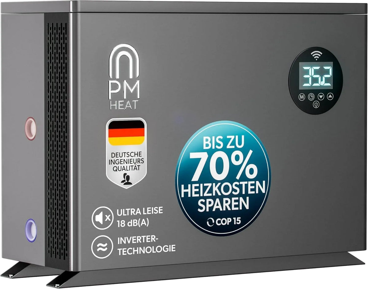 COP 15 basen ogrodowy, 11 kW, 11,0 kW, 40 dB, sterowanie WiFi, poolomio Pompa ciepła do basenu 25-50 m3, ultra ciche ogrzewanie basenu z WiFi