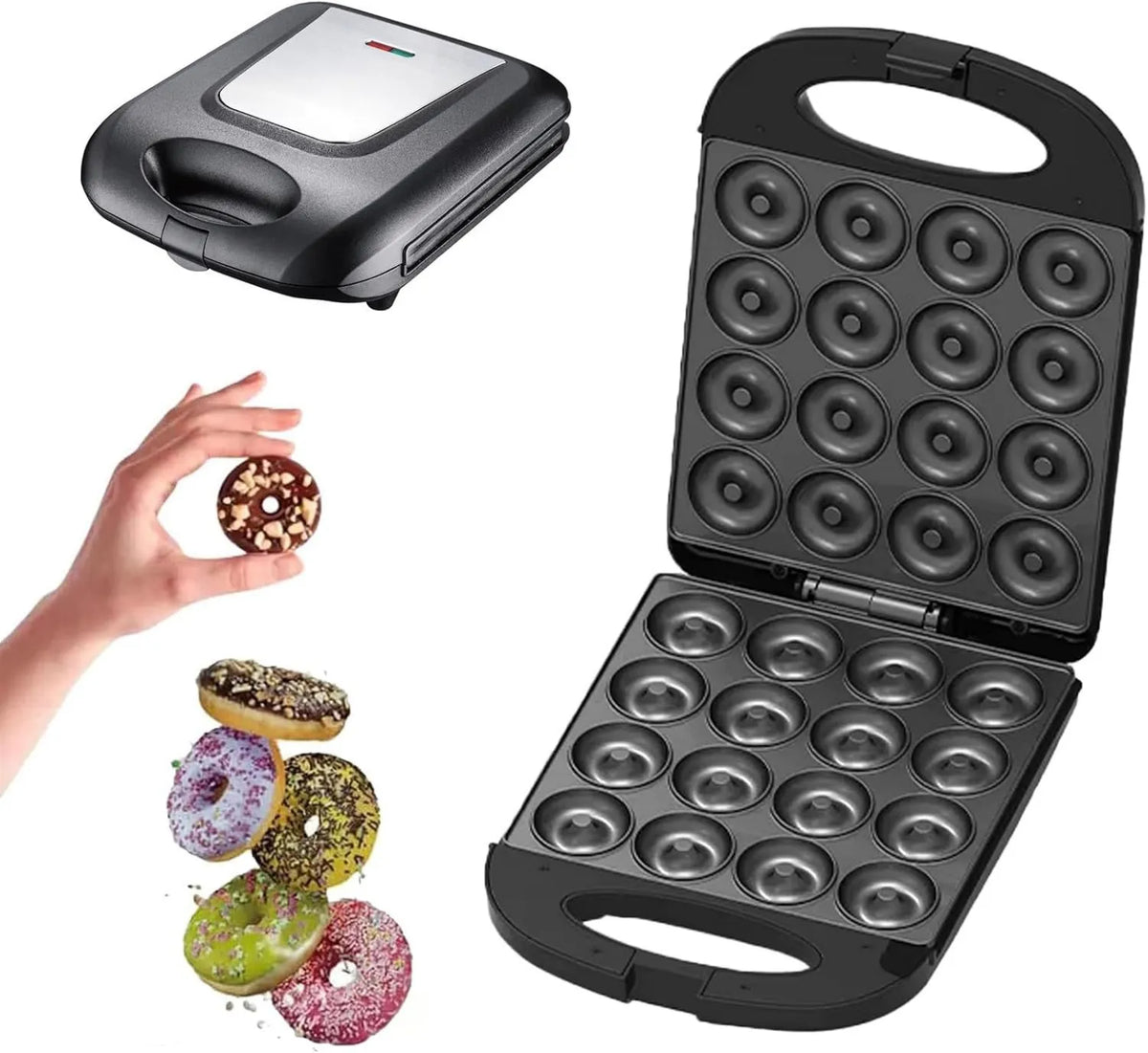GLETSF, Mini- Donuts Maszyna, 1400 W, powłoka non- stick, funkcja ogrzewania, czarny, dla 16 Mini- Donuts z non- stick i powłoka światła