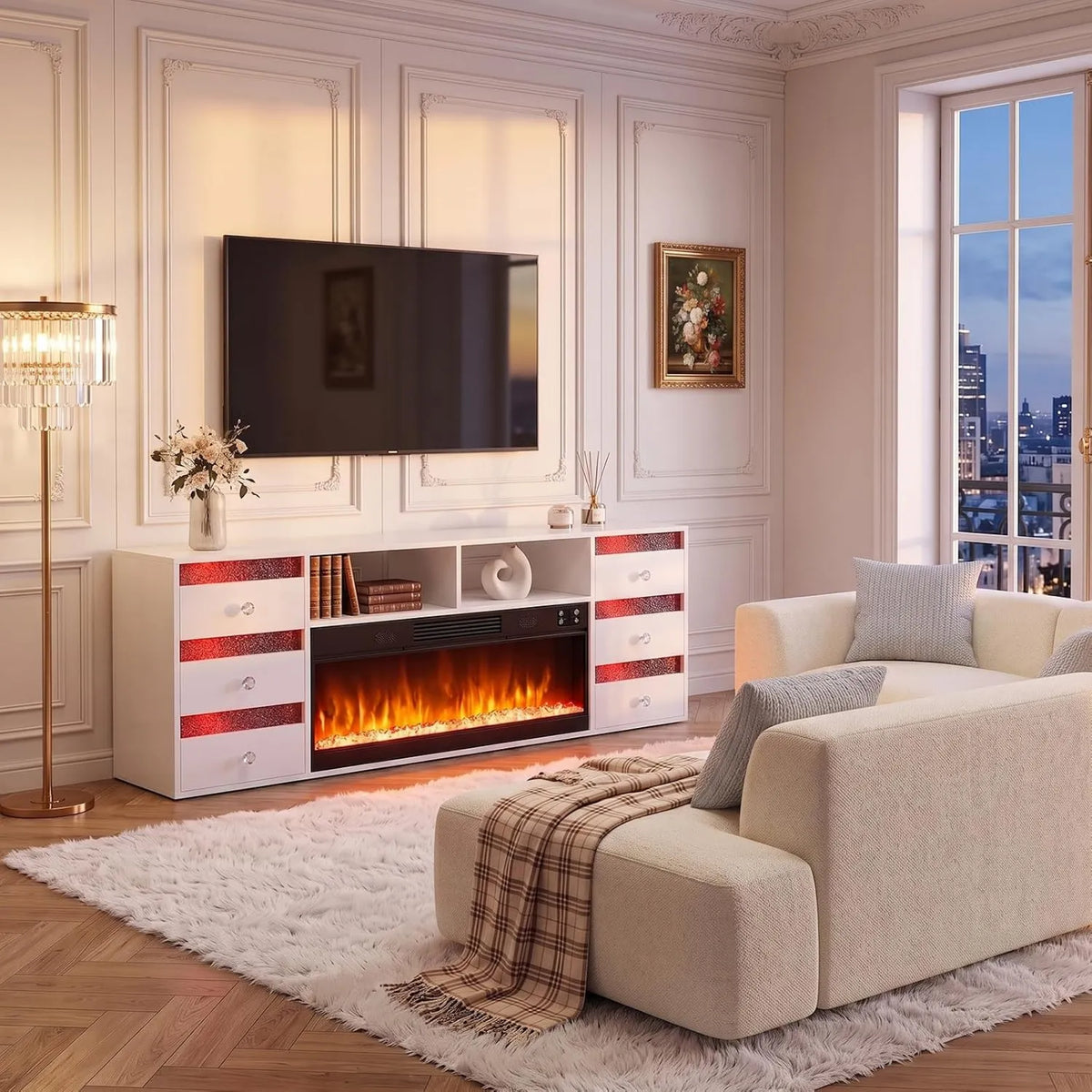 FENCHILIN kominek elektryczny, Szafka TV, 180x65x40 cm, FENKILIN RGB 6, stojąco-stojąco, biały, 180x 5x40 cm z 13 kolorami płomienia
