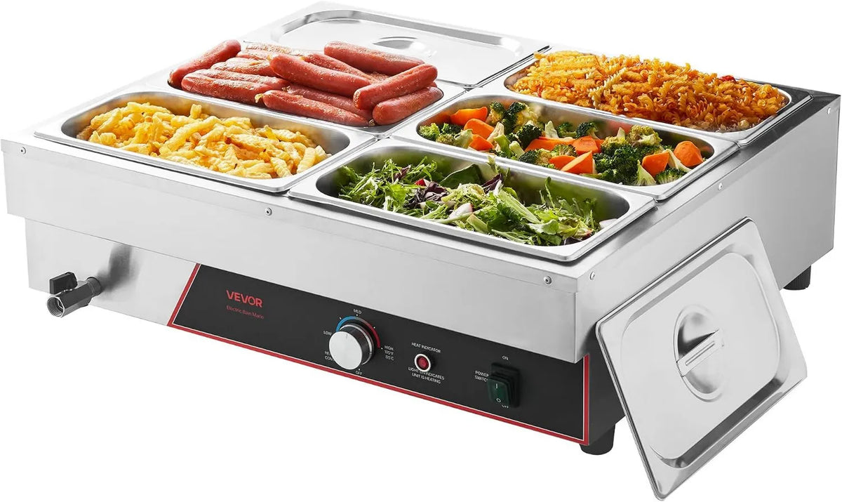VEVOR, Bain- Marie de Comptoir, Buffet Ogrzewany w stali nierdzewnej, Elektryczny podgrzewacz platowy z para 1500 W, z 6 1 / 3 Gastros i pokrywy, do podawania