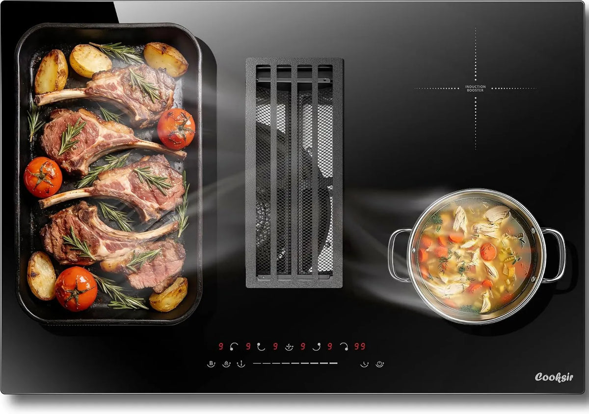 Cooksir płyta grzewcza, Płyta indukcyjna, 77 CM, 4 pola grzewcze, 135 / 6400 W, 220 V, stół indukcyjny do gotowania, elastyczny obszar, Boost, blokady, zwrotne, licznik