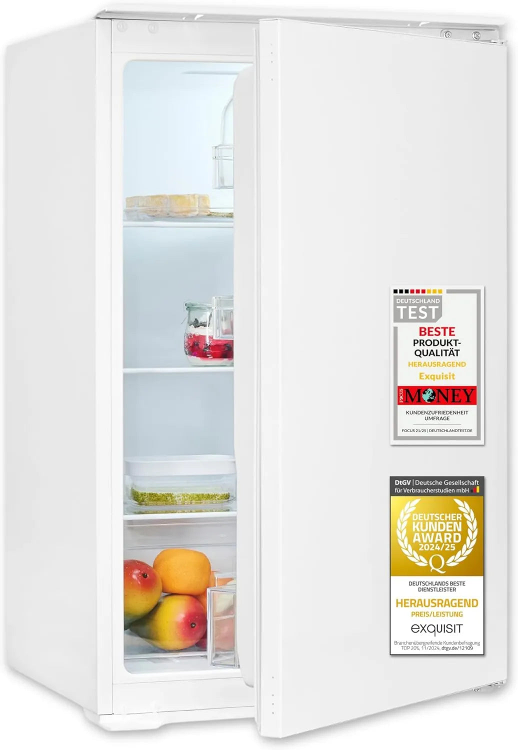 Exquisit lodówka, Ekstrakcyjna EKS5131-V-040E, 129 l, 39 dB, klasa E, do zabudowy, oświetlenie LED, technologia drzwi w rękawach, półka