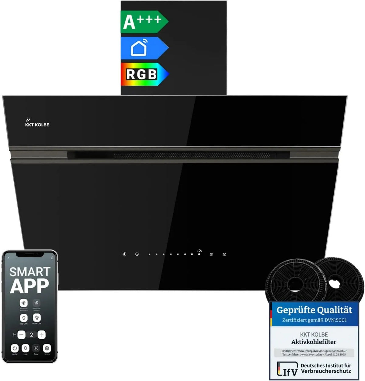 KKT KOLBE okap kuchenny, 60 cm, 782 m3 / h, KKT AURORA6005FB, oświetlenie LED, instalacja ścienna, dotyk, Wi-Fi, aplikacja, czarny, m3/h