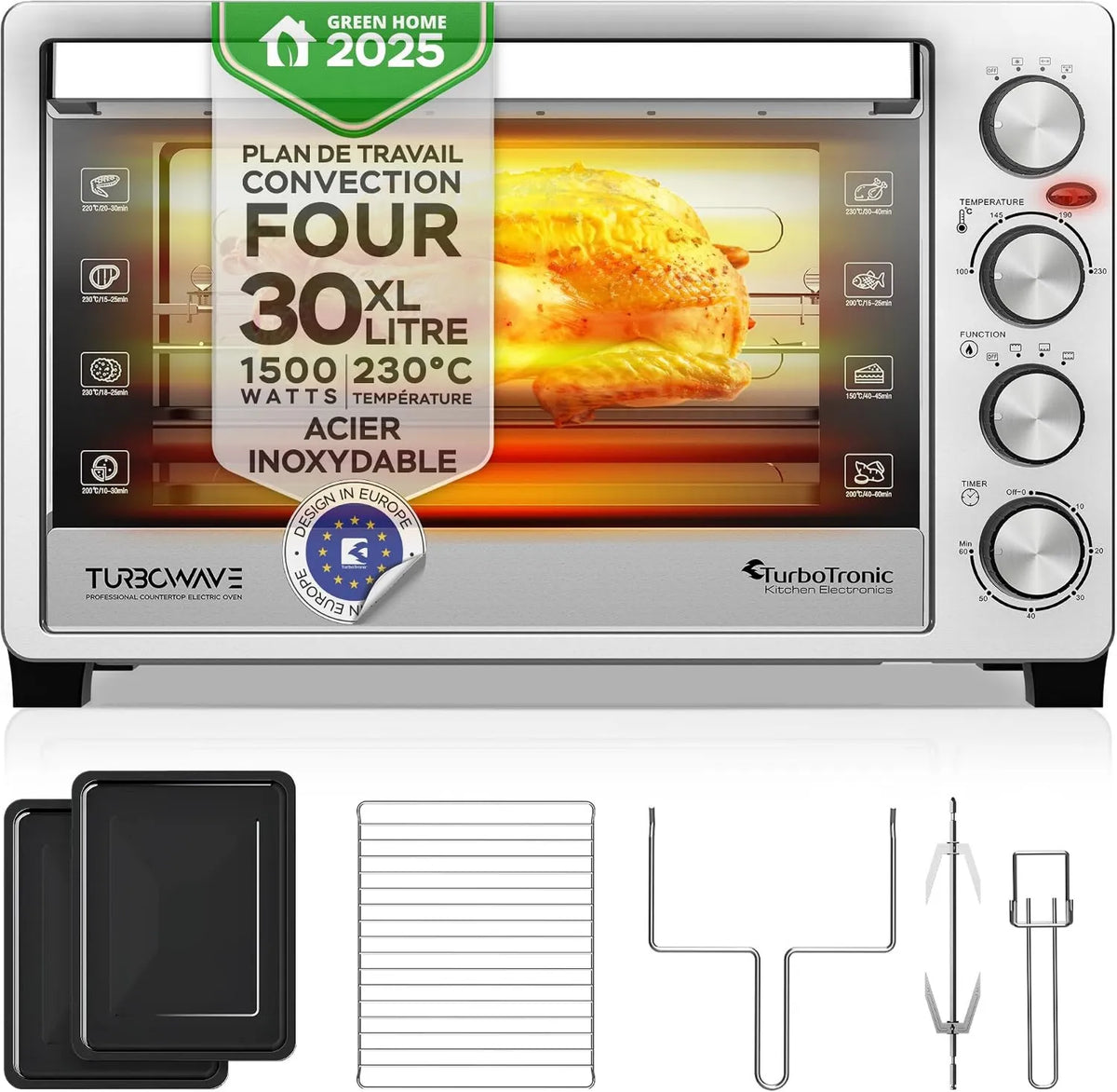TurboTronic By Z-LINE mini piekarnik, Piec elektryczny, 30 l, 1500 W, TurboTronic EVS30, kompaktowy, 230°C, Piec do grzania wirującego, Piec mini, Srebrny
