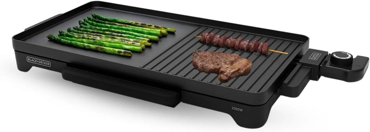BLACK+DECKER grill elektryczny, czarny+DECKER czarny+DECKER czarny+DECKER czarny+DECKER Czarny + Decker BXGB2200E Plancha, grill, stół, 49x27 cm, 2200 W, 2 strefy temperatur, czarny