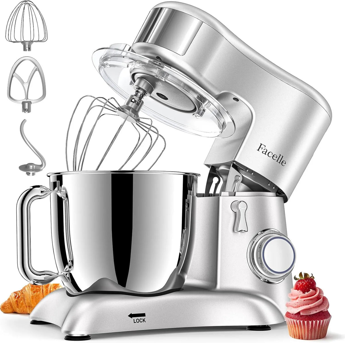 Facelle mikser planetarny, Przygotuj makaron ciasto, kostki Brioche i pizzy makaron, Pastry 1300 W, Stal nierdzewna miska 6.5 l, 10 prędkości, zamiksować