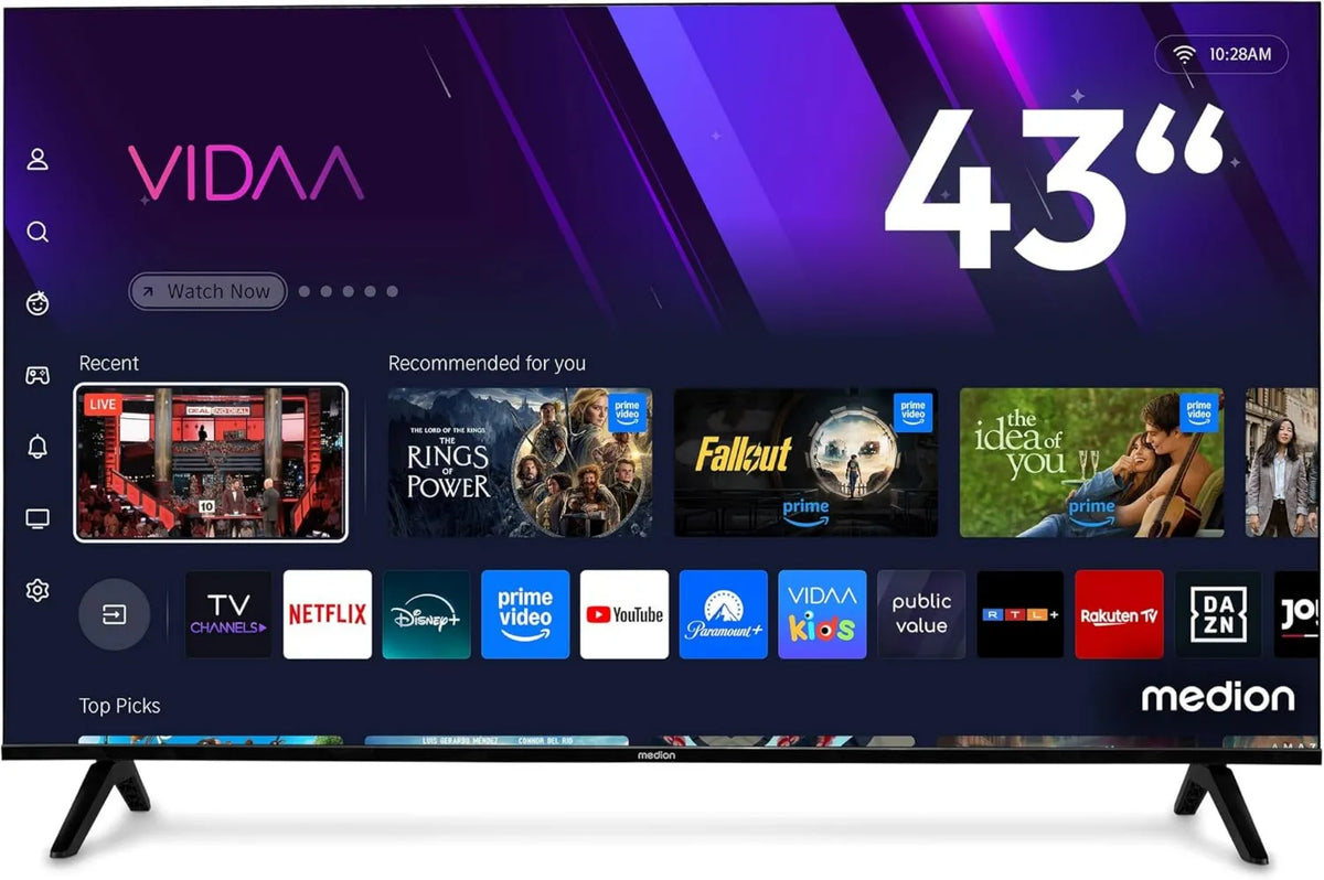 MEDION telewizor, Inteligentna telewizja, 108 cm, TV, 4K UHD, QLED, HDR, Dźwięk Dolby, Bluetooth, Nagrywanie PVR, MD 843601, Dolby Atmos, 43 ′ ′, Sklep VIDAA, DAZN